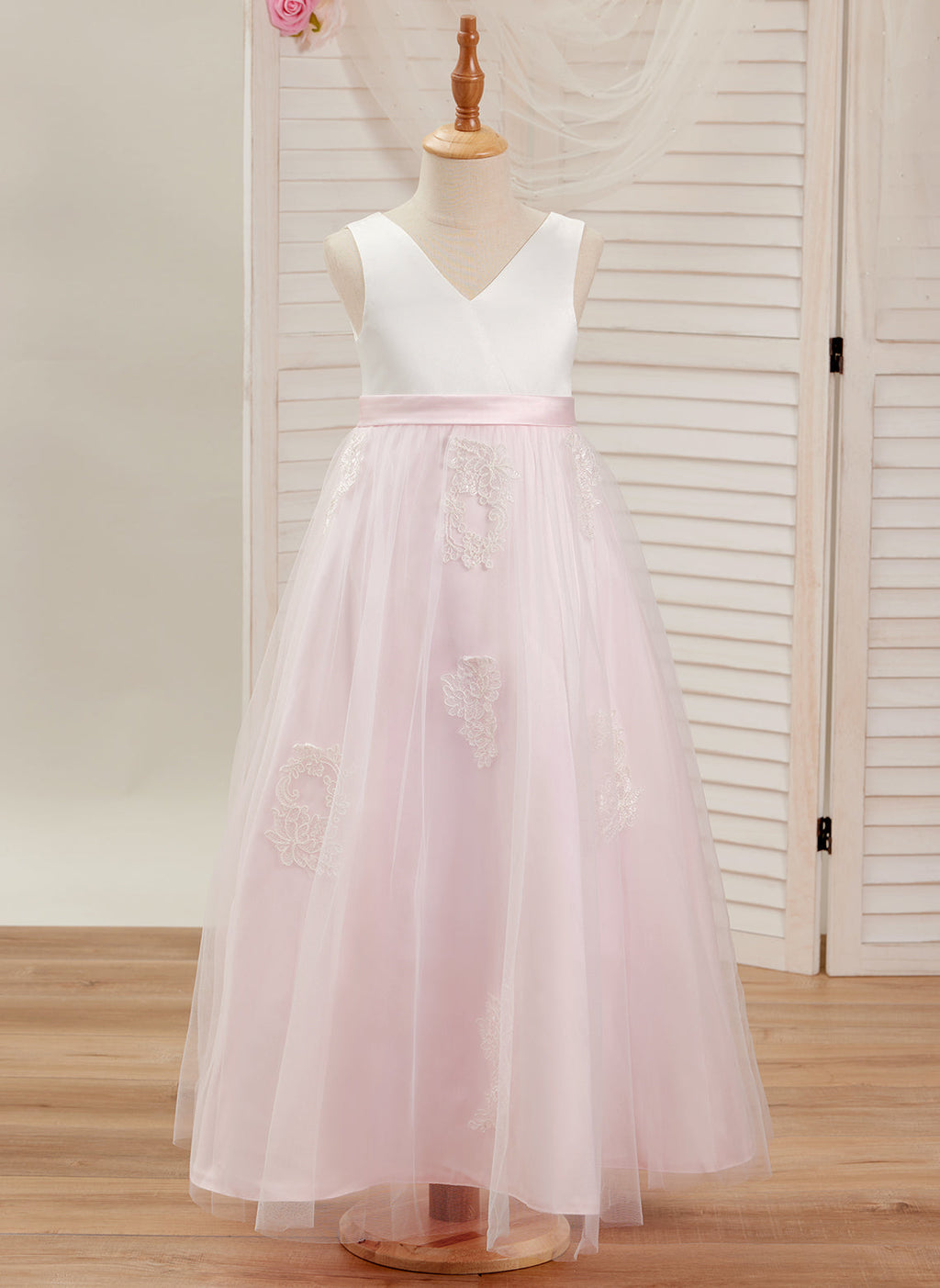 A-Linie Satin Tüll Knöchellanges Rosa Kleid (2003227111)