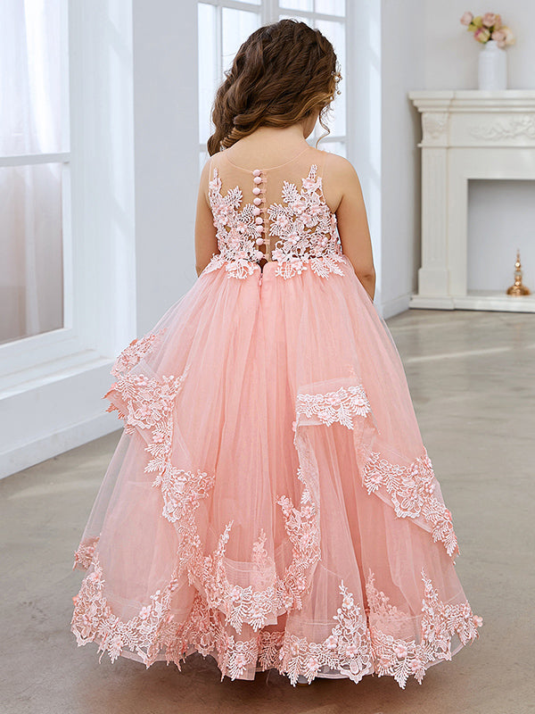 Vestido de princesa de tul sin mangas con apliques de encaje y cola larga para niñas