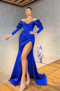 Regal Sapphire – Meerjungfrau-Ballkleid im V-Ausschnitt mit eleganten langen Ärmeln und Perlen