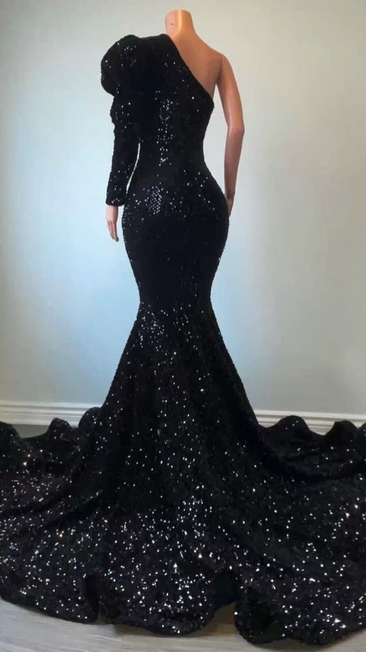Schwarzes langes Ballkleid mit Pailletten und Puffärmeln im Meerjungfrauen-Stil, Y15
