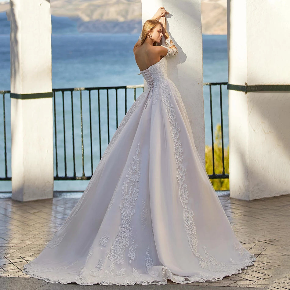Word Wedding Dresses Women's Elegant Bohemian Beaded Sweetheart Princess Off Shoulder Long Sleeve Lace Applique Bride Gowns-payinti