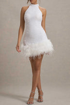 Sexy Party Sequins Zipper Feather Hemline Halter Evening Dresses