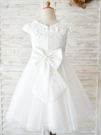 Satin Tulle Tea-length Ivory First Communion Flower Girl Dress