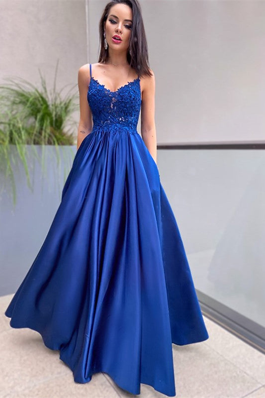 Regal Blue Spaghetti Straps Lace Applique Prom Dress with Elegant Pockets