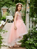 Duchesse-Linie/Princess-Linie Tüll Asymmetrisch Rosa Blumenmädchenkleid 