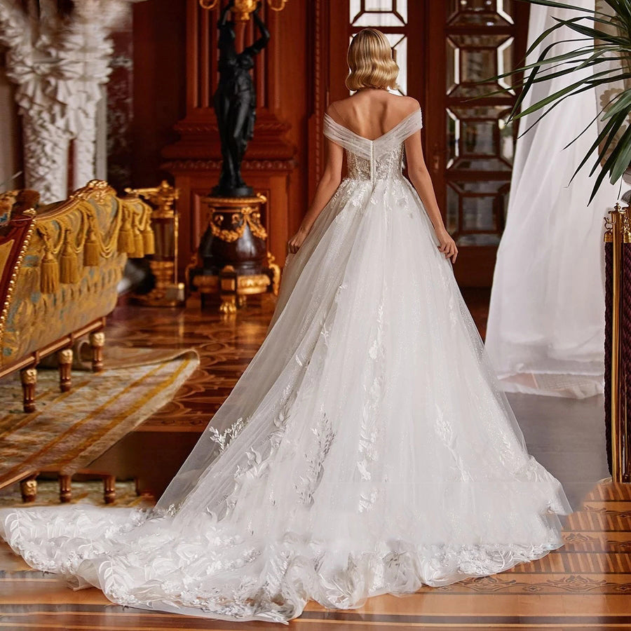 V-neck Sexy Romantic Wedding Dress 2023 A-line Floor-length Charming Off The Shoulder Beaded Appliques Bridal-payinti