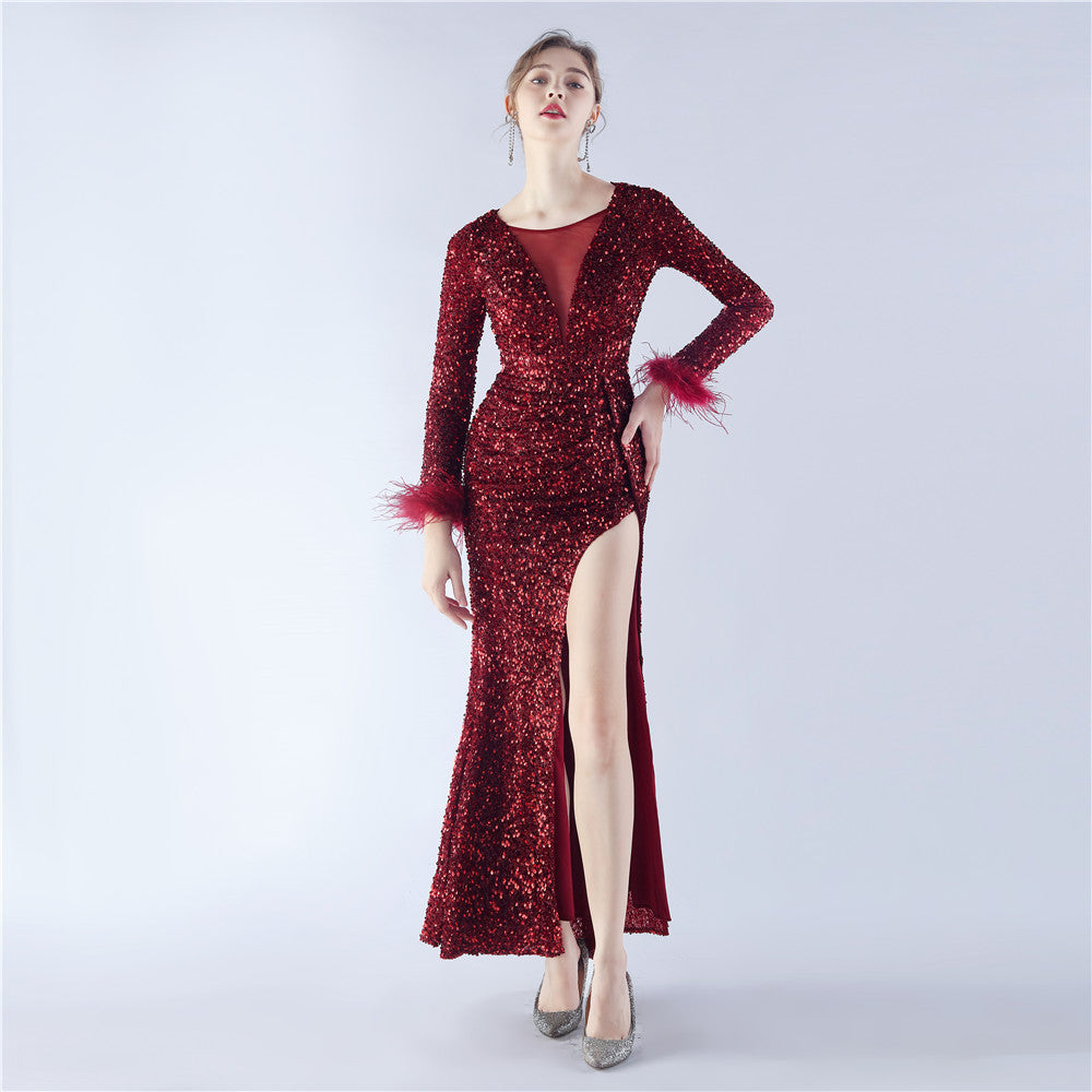 Handmade Sequin Craft Order Ostrich Feather Long Sleeve Evening Dress