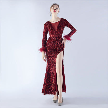 Handmade Sequin Craft Order Ostrich Feather Long Sleeve Evening Dress