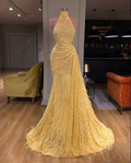Glitzerndes gelbes Abendkleid mit hohem Halsausschnitt und ärmellosen Pailletten, Meerjungfrau-Abschlussball-Partykleid Y7712