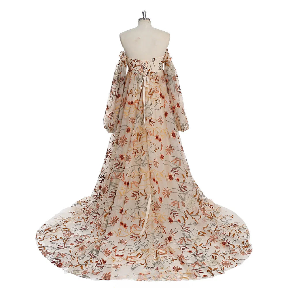 Floral Off Shoulder Embroidery Lace Dress Maternity Dresses for Photo Shoot Side Slit Pregnancy Shooting Dress Sunnderly SY230320