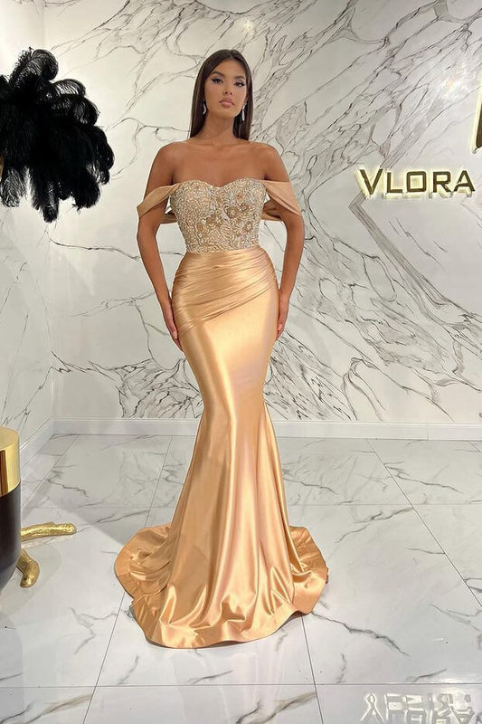 Vestido de fiesta formal de satén con cuentas y hombros descubiertos de sirena