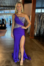 Laylani | Vestidos de fiesta largos de sirena azul con un solo hombro y cuentas