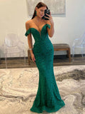 Vestido de fiesta largo de encaje con hombros descubiertos, color ébano, corte sirena esmeralda