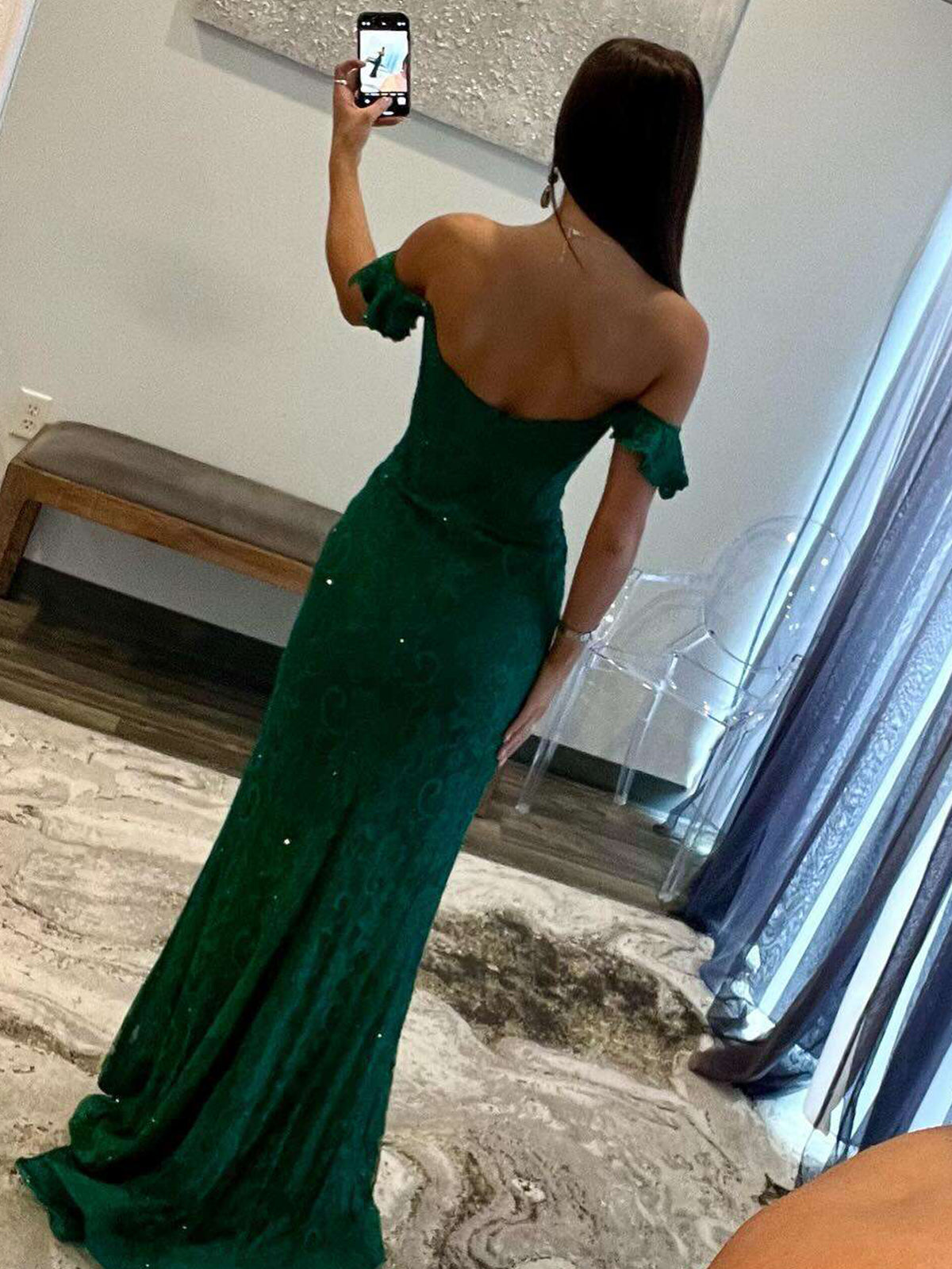 Vestido de fiesta largo de encaje con hombros descubiertos, color ébano, corte sirena esmeralda