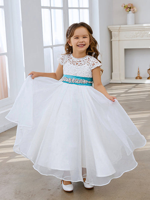Vestido para niña de las flores color marfil, largo hasta los tobillos, con encaje y organza, corte A