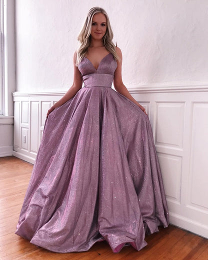 A-Linie V-Ausschnitt Pailletten Bodenlanges Abendkleid mit Spaghettiträgern