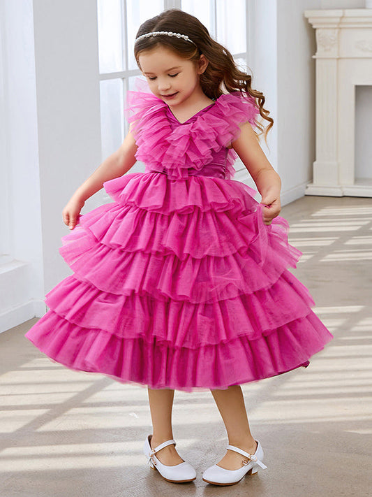 Ballkleid/Prinzessin Rosa Ärmelloses Tüll Blumenmädchenkleid mit Rüschen 