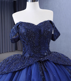 Luxuriöses schulterfreies Ballkleid aus Tüll mit Pailletten und Perlen in Marineblau, Geburtstags- und Abschlussballkleid Y7681