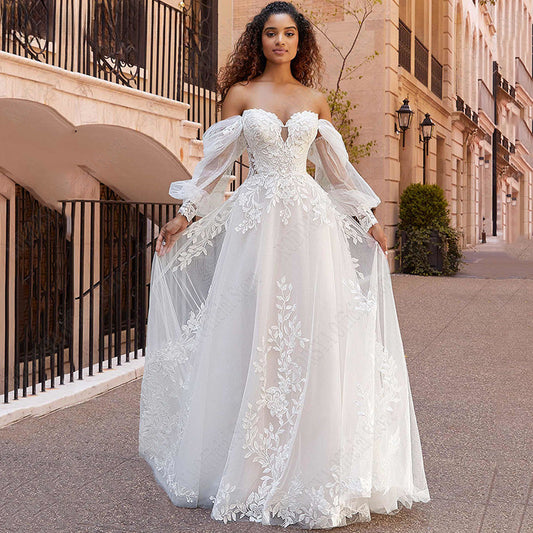 RODDRSYA Beach Wedding Dresses Lace Puff Sleeves Bridal Gowns Princess Off Shoulder Vestido De Novia Appliques Tulle Sweep Train-payinti