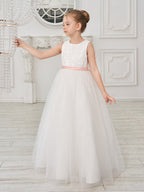 Duchesse-Linie/Princess-Linie Tüll Bodenlang Elfenbein Blumenmädchenkleid 