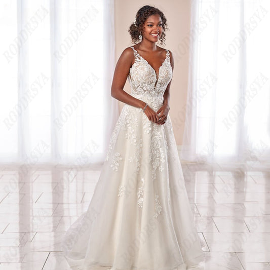 Boho Wedding Dresses Spaghetti Straps A-Line Applique Bride Gowns Sexy Backless Sleeveless Tulle robe de mariée-payinti