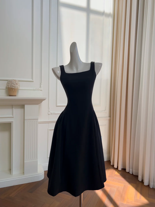 Elegante vestido de fiesta de satén negro con escote cuadrado y corte A, vestido de noche Y8589