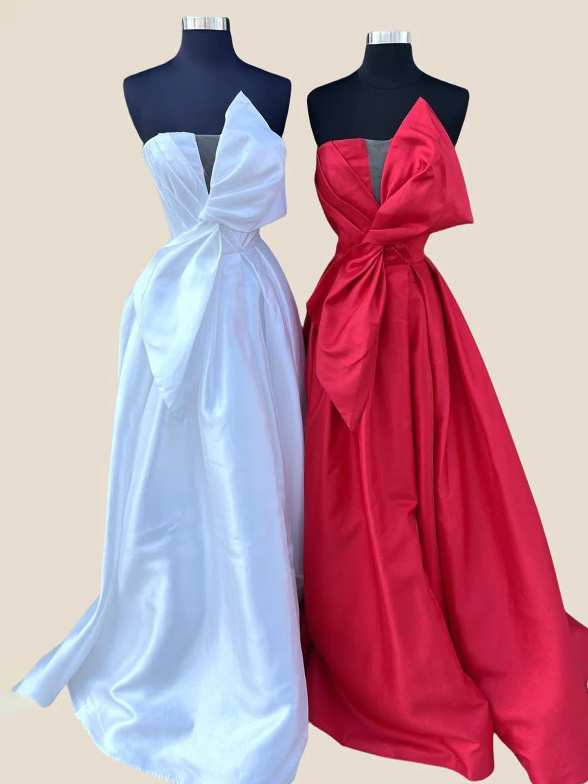 Edgar | Vestido formal largo de satén blanco sin tirantes, corte A y lazo