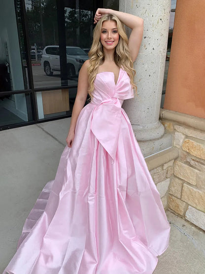 Edgar | Strapless White Satin A-line Long Formal Dress with Bow