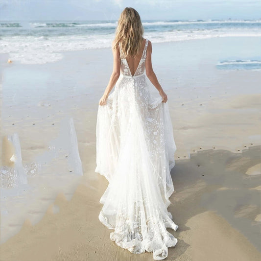 Illusion Tulle Beach Wedding Dress Charming Backless Appliques Bridal Gowns Deep V-Neck Spaghetti Straps vestido de noiva-payinti