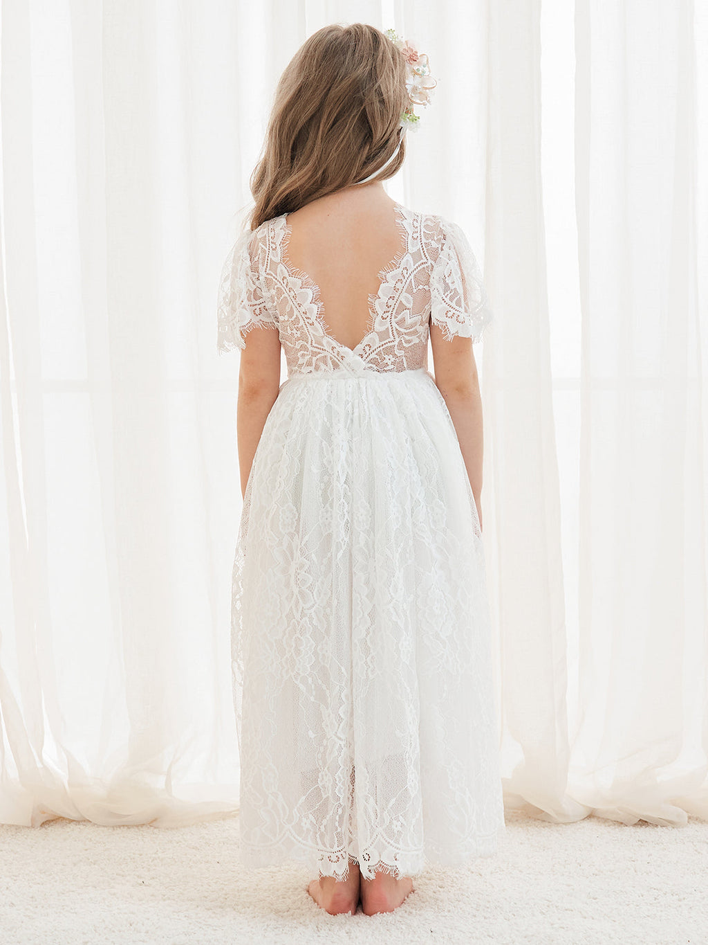 A-Linien-Spitze Knöchellanges Elfenbein Boho Blumenmädchenkleid 