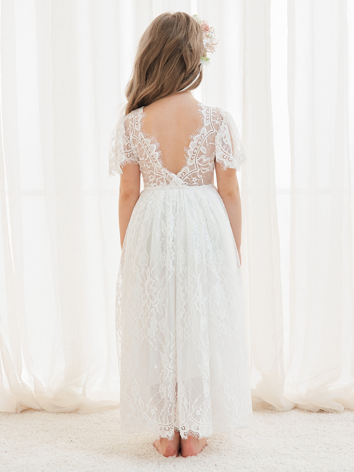 A-Linien-Spitze Knöchellanges Elfenbein Boho Blumenmädchenkleid 