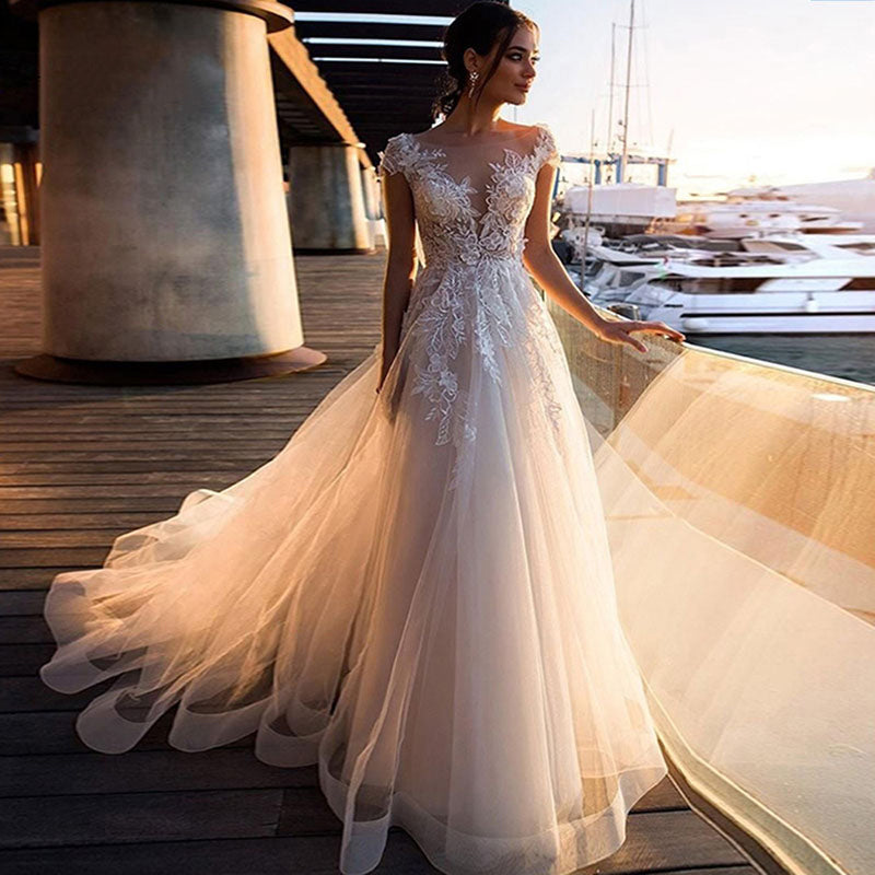 MYYBLE Boho Beach Wedding Dress O-Neck Appliques Lace Top Vintage Princess Wedding Gown Cap Sleeve Simple Bride Dress 2020-payinti