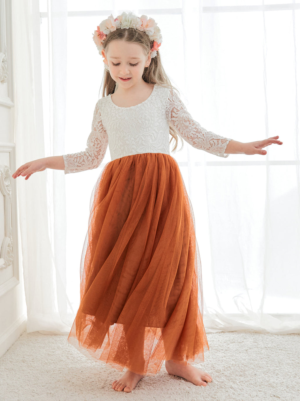 Angelic White Lace A-Line Long Sleeve Tulle Flower Girl Dress