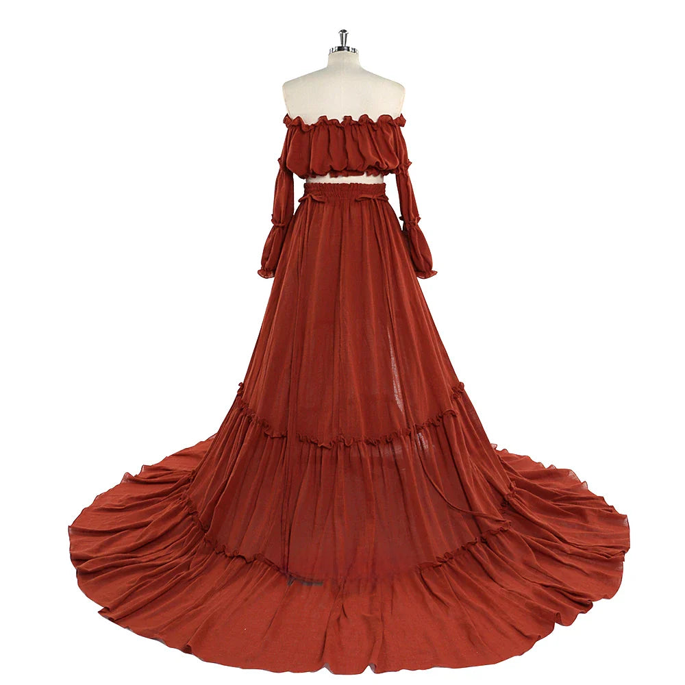 Elegante vestido de maternidad con hombros descubiertos para sesión de fotos, largo, cintura elástica, estilo bohemio, maxivestido para fotografía SY220912 