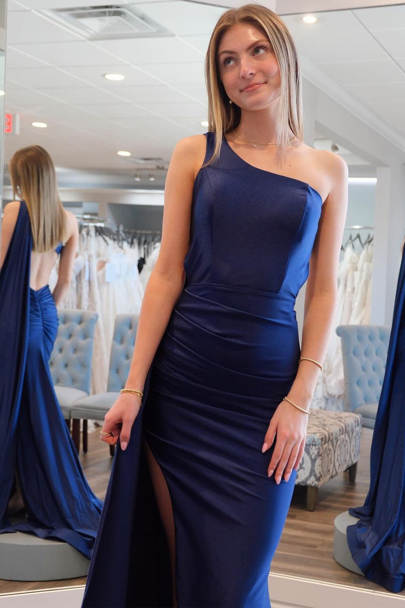 Vestidos de fiesta largos de satén azul marino con un solo hombro y corte sirena