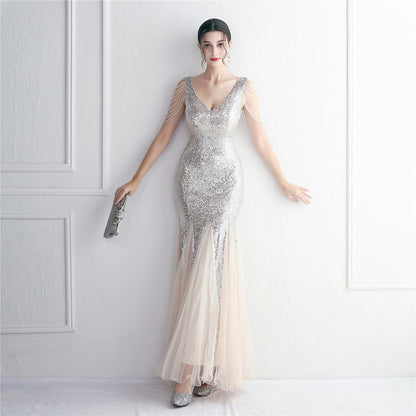 Sequin Mesh Craft Beaded Party Dress: Elegant Long Cocktail Slim Fit Evening Dress