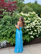 Blaues rückenfreies langes Ballkleid Abendkleid Y7516