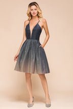 Elegante vestido de fiesta de noche hasta la rodilla con tirantes finos color bronce y escote en V profundo, sin espalda y con bolsillo.