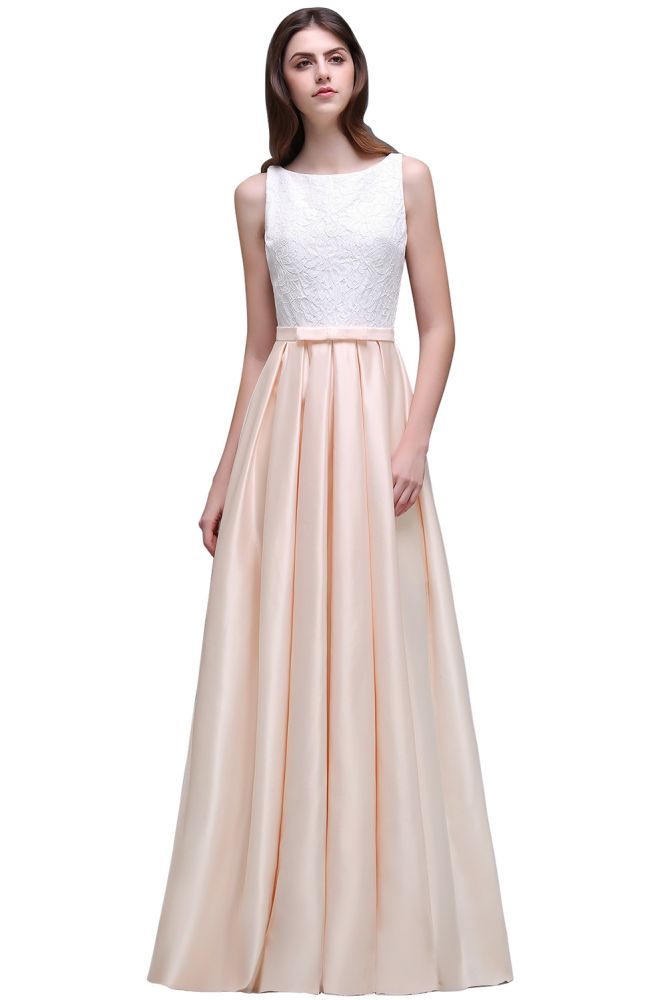 Vestido de fiesta de satén elástico con escote en A y encaje
