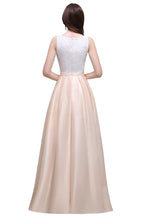 Vestido de fiesta de satén elástico con escote en A y encaje