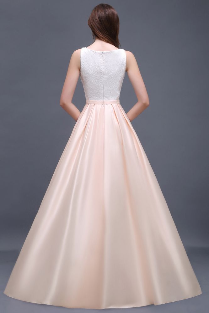 Vestido de fiesta de satén elástico con escote en A y encaje