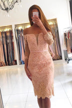 Elegante vestido de fiesta corto ajustado de encaje con mangas 3/4