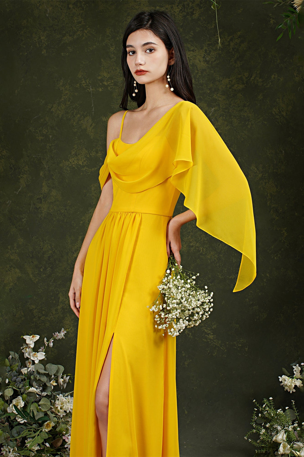 Elegante vestido de dama de honor de gasa con volantes, corte A, largo hasta el suelo, con abertura y bolsillos