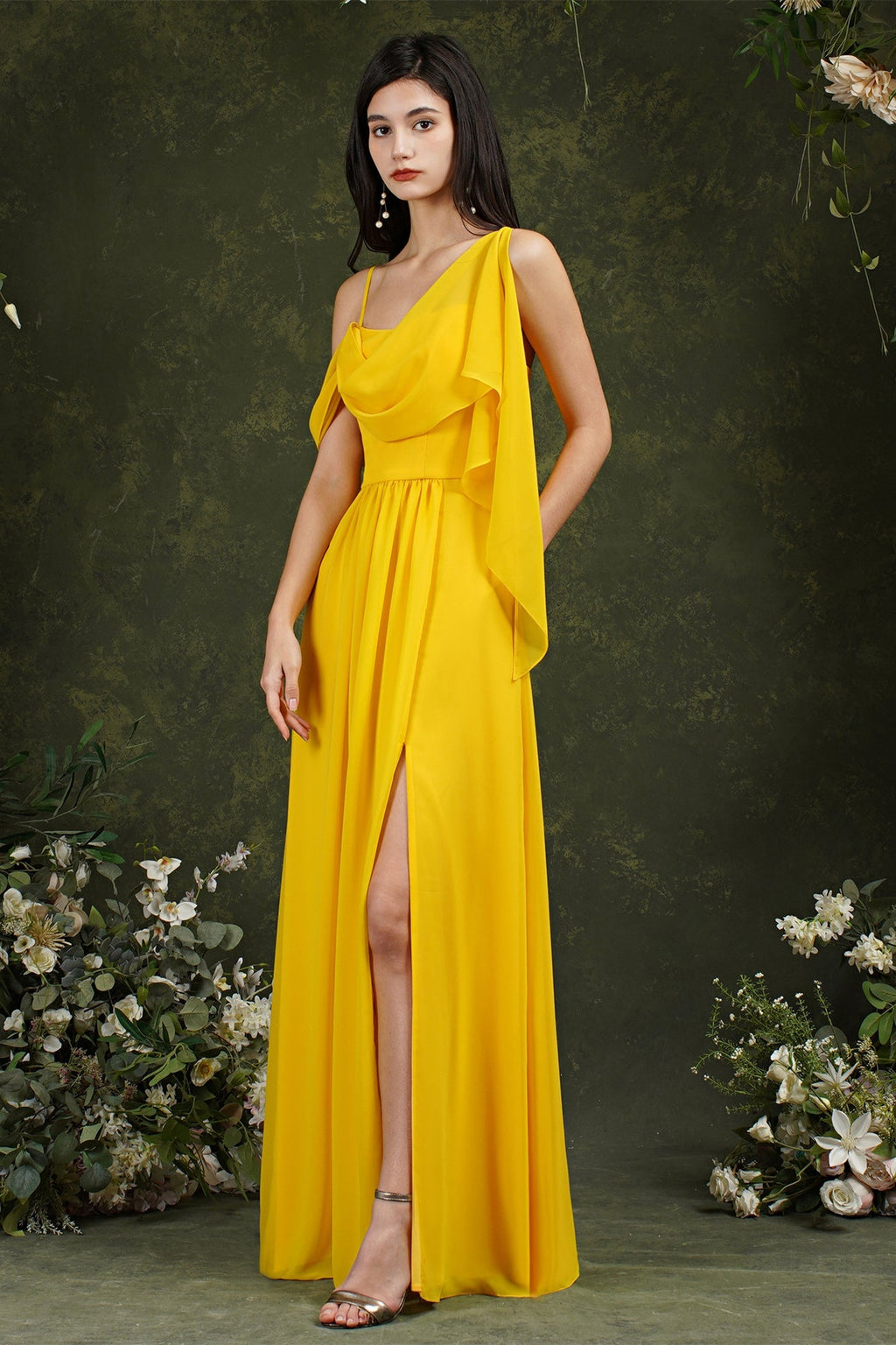 Elegante vestido de dama de honor de gasa con volantes, corte A, largo hasta el suelo, con abertura y bolsillos