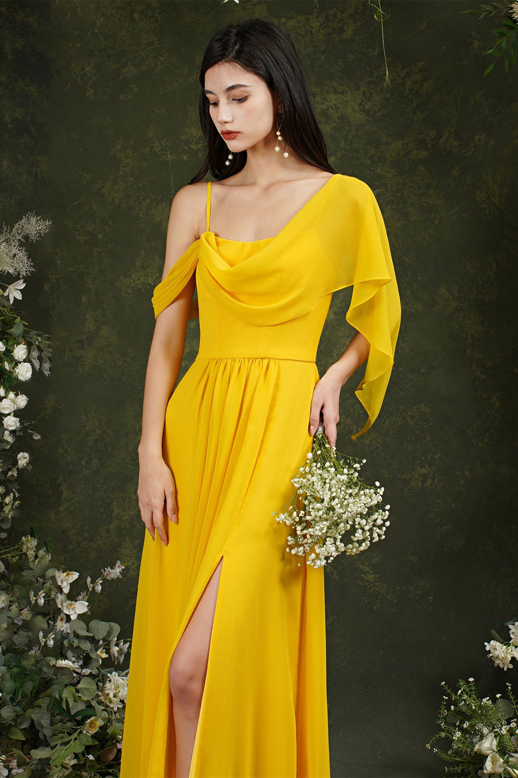 Elegante vestido de dama de honor de gasa con volantes, corte A, largo hasta el suelo, con abertura y bolsillos