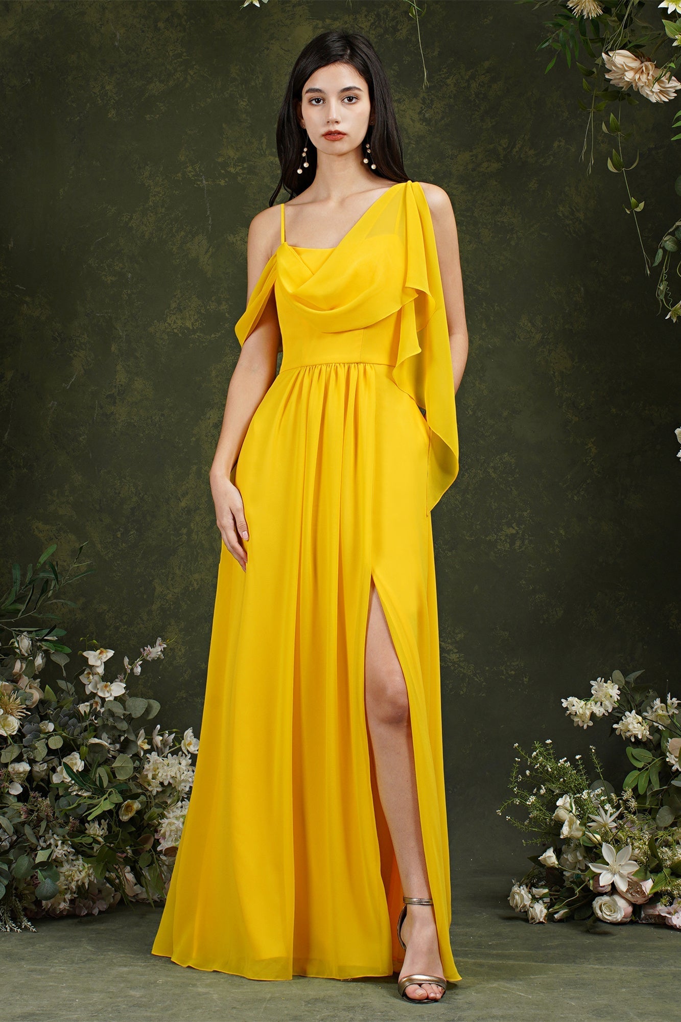 Elegante vestido de dama de honor de gasa con volantes, corte A, largo hasta el suelo, con abertura y bolsillos