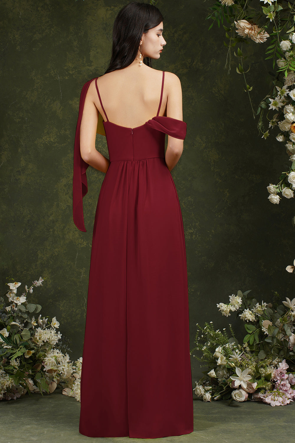 Elegante vestido de dama de honor de gasa con volantes, corte A, largo hasta el suelo, con abertura y bolsillos