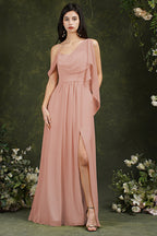 Elegante vestido de dama de honor de gasa con volantes, corte A, largo hasta el suelo, con abertura y bolsillos