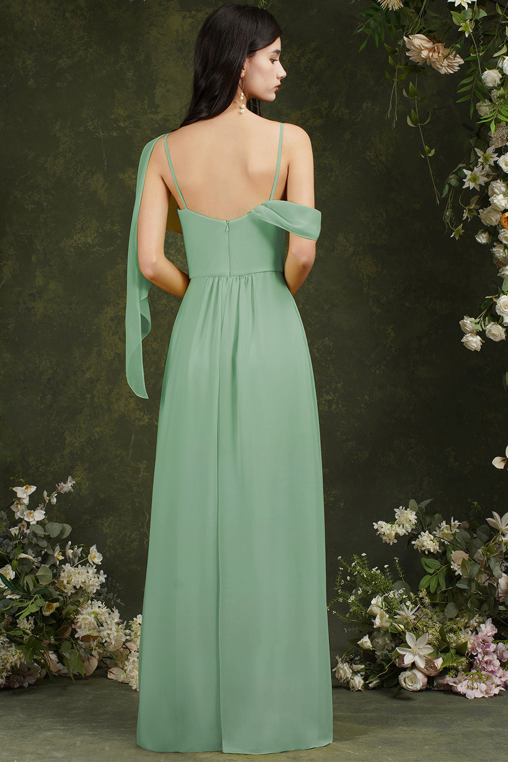 Elegante vestido de dama de honor de gasa con volantes, corte A, largo hasta el suelo, con abertura y bolsillos