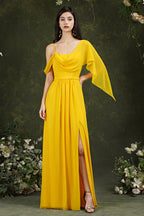 Elegante vestido de dama de honor de gasa con volantes, corte A, largo hasta el suelo, con abertura y bolsillos